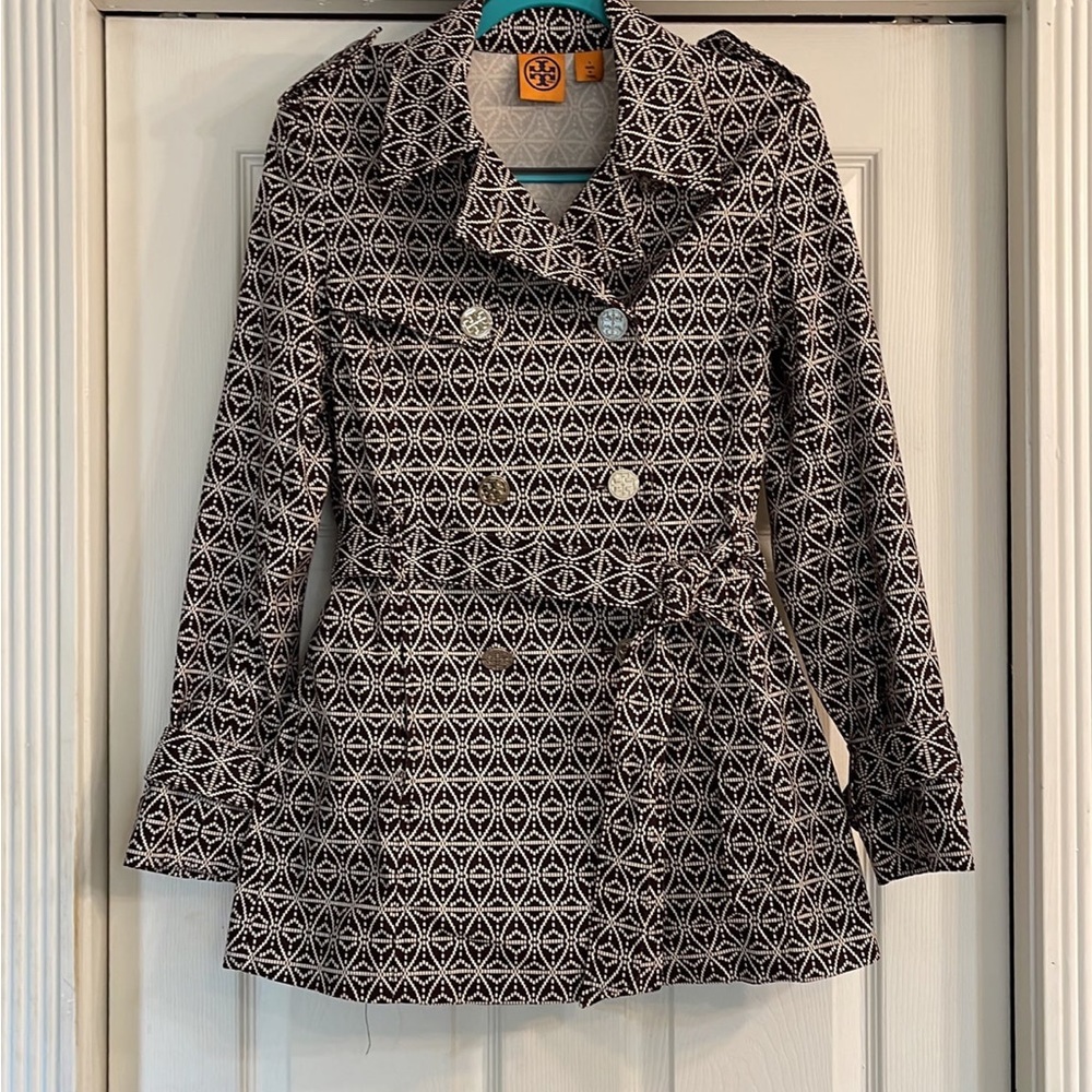 Tory Burch Brown and White Geometric Trench Coat